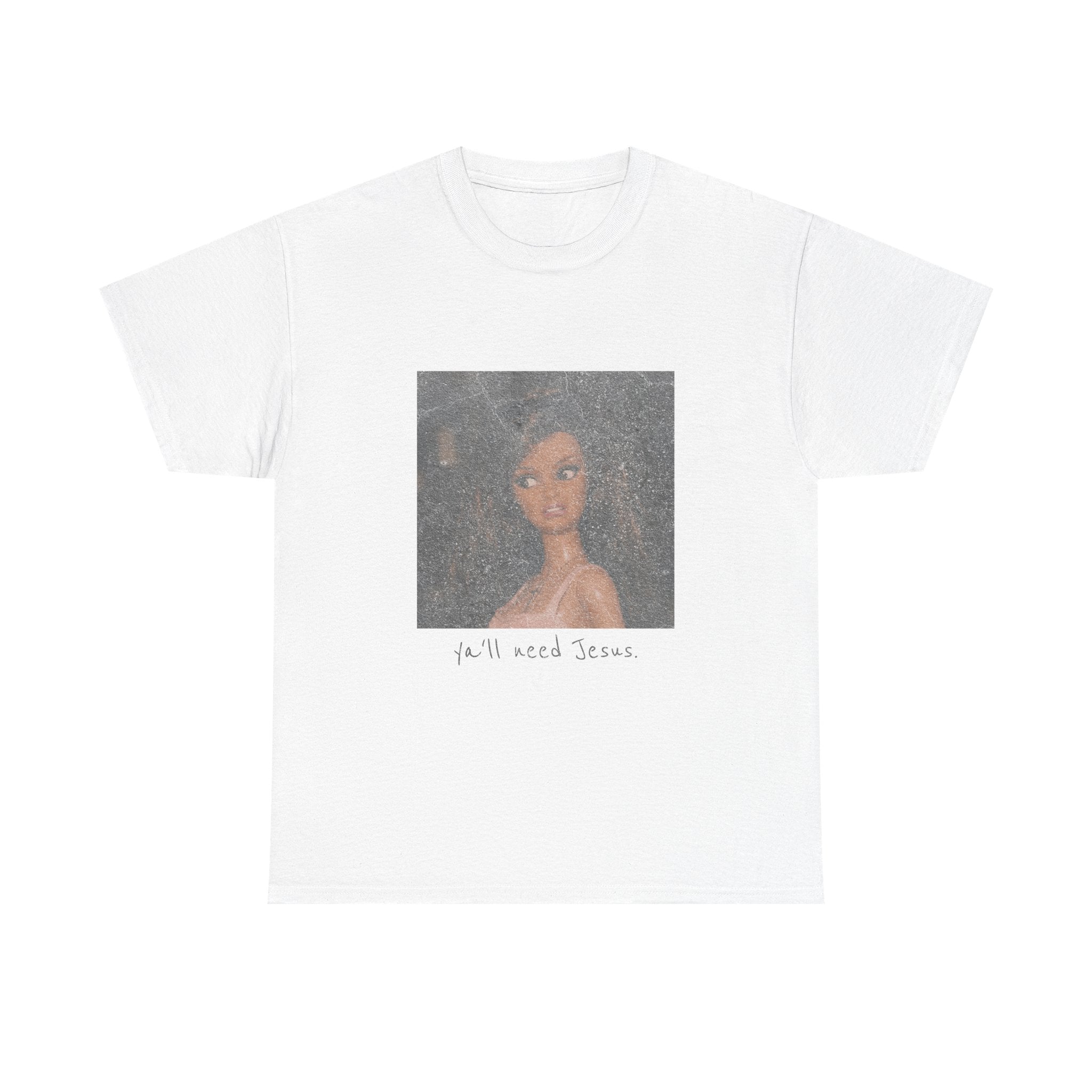 Vintage Doll Portrait T‑Shirt — "y'all need Jesus" Handwritten Graphic