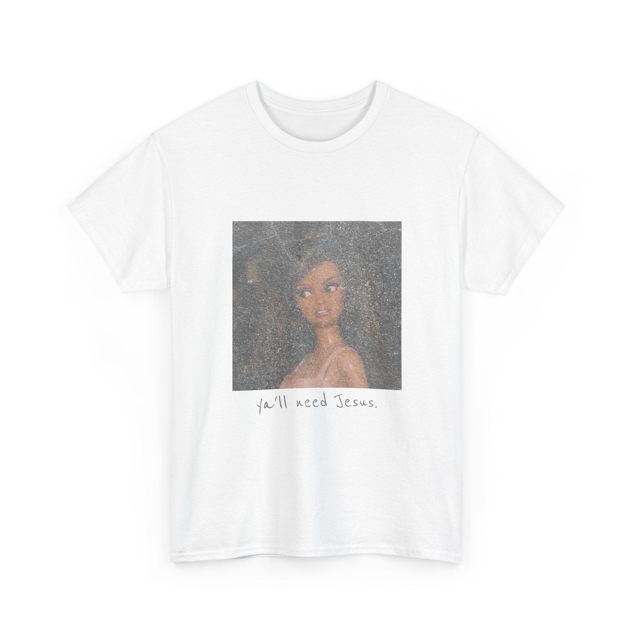 Vintage Doll Portrait T‑Shirt — "y'all need Jesus" Handwritten Graphic